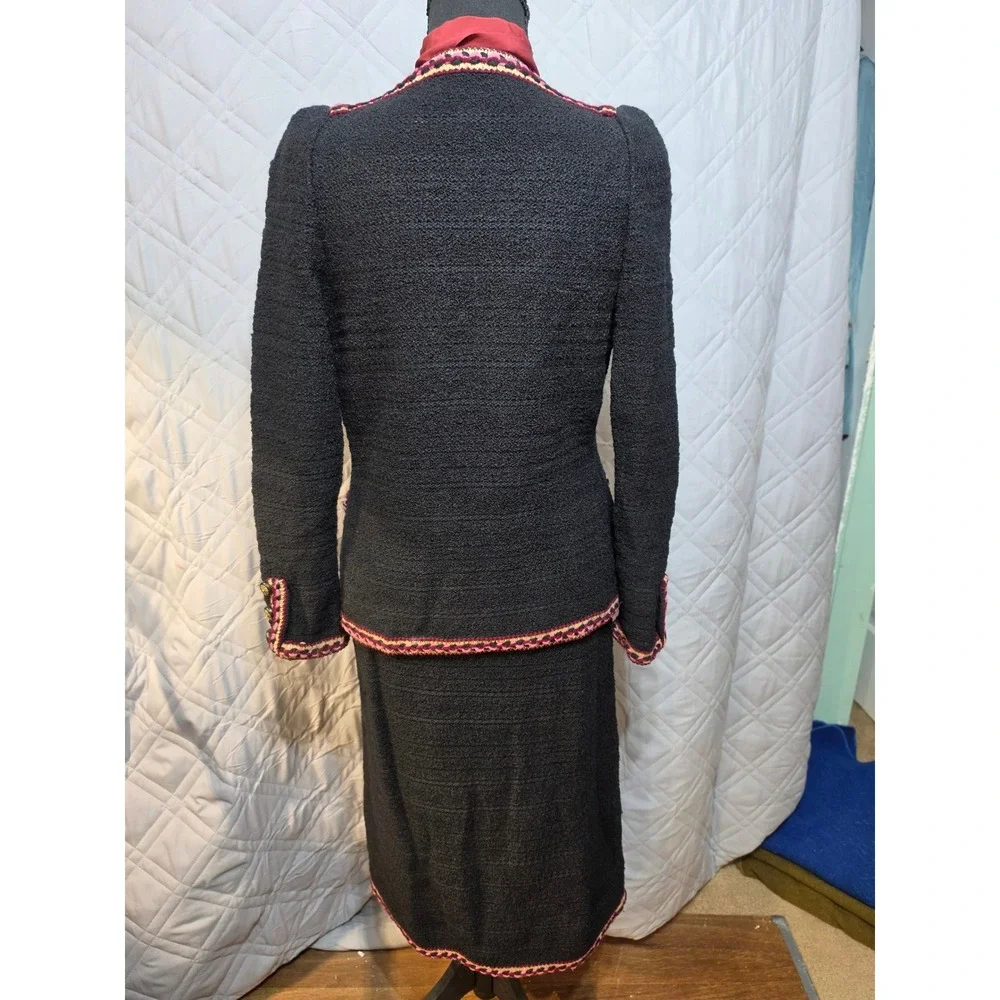 Adolfo Saks Fifth Avenue Vintage 3pc Skirt Suit Set Black Burgundy Knit Womens
